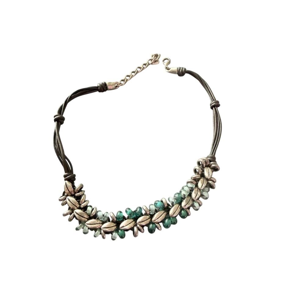 UNO de 50 Silver-Tone & Teal Beaded Leather Necklace